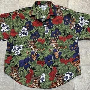 Vintage Green Floral Hawaiian Shirt All Over Print Men’s Large  Leopard Caribou